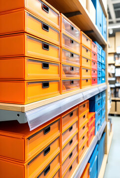 Organization and storage solutions, colorful plastic drawer units on retail store shelves for home office productivity and efficient workspace management