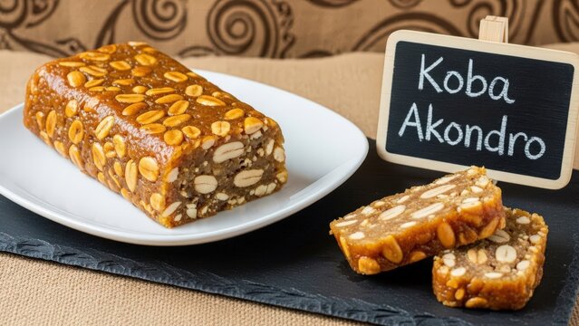 Traditional Malagasy Koba Akondro Banana Peanut Dessert with Chalkboard Sign on Slate and Ceramic