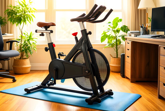 Home fitness and remote work balance, stationary exercise bike in a home office for healthy lifestyle and wellness during work from home routine