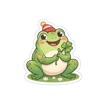 Happy frog holding four leaf clover sticker, lucky vector art