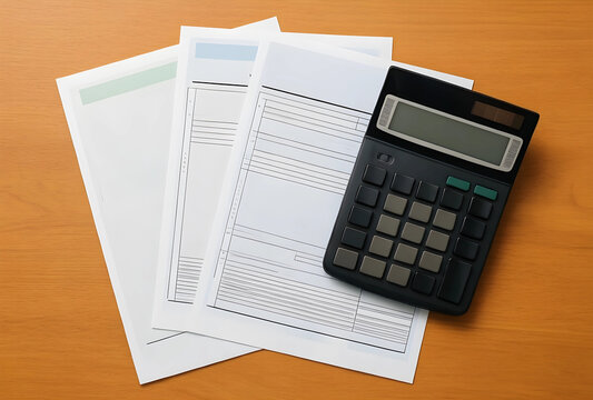 Financial planning and tax preparation, calculator on blank business forms and accounting documents on a wooden desk for budget analysis and bookkeeping