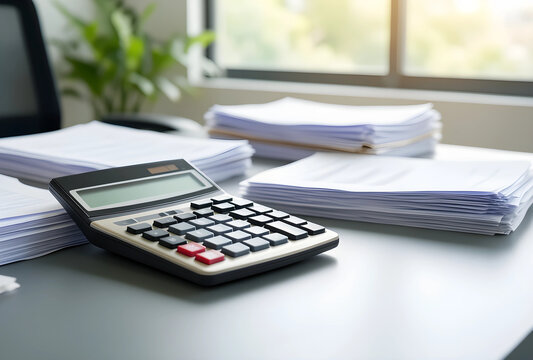 Financial accounting and tax preparation, calculator with stacks of paperwork on office desk for business budget planning and corporate bookkeeping