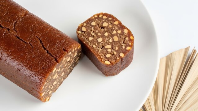 Gourmet Malagasy Koba Akondro Caramelized Banana Peanut Loaf on White Ceramic with Copy Space