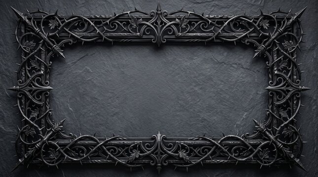 Gothic frame background with forged black steel and thorny branches on outer borders, dark slate center with copy space for text