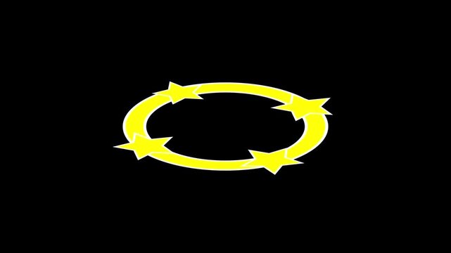 3D yellow spinning star ring animation on a black background. Useful for cartoon dizzy effects, premium quality ratings, magic halos, or winner concepts. Seamless loop.