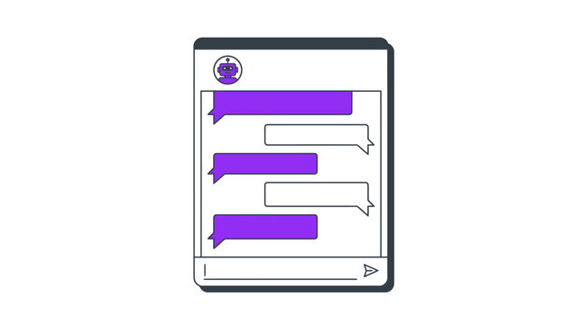 A minimalist flat vector illustration of a chat interface with purple and white message bubbles