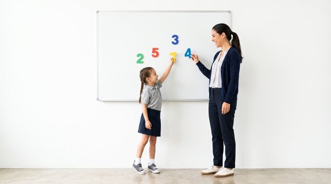 Teacher and student learning numbers on a whiteboard with colorful magnetic numbers in a classroom setting