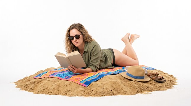 Woman reading a book on a sandy beach with a towel, hat, and sandals