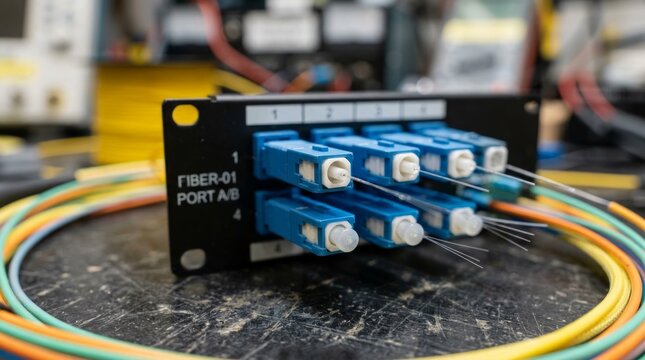 Fiber optic patch panel with connected cables in workshop