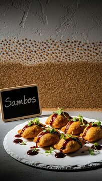 Gourmet Vegan Malagasy Sambos Fried Lentil Dumplings with Chalkboard Sign and Copy Space