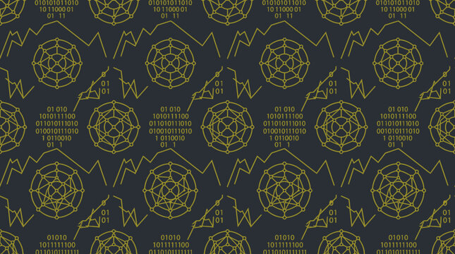 Seamless Dark Blue and Gold Digital Pattern with Abstract Geometric and Binary Code Elements