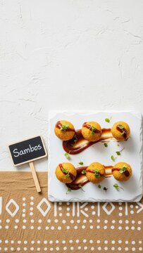 Gourmet Vegan Malagasy Sambos Fried Lentil Dumplings with Chalkboard Sign and Copy Space