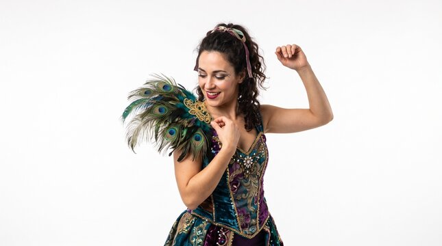 Woman in ornate peacock feather costume dancing with joy and sparkle makeup
