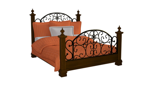 Double bed with wrought iron headboard and orange bedding isolated
