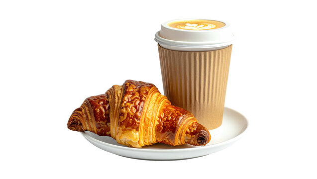 Fresh croissant and takeaway coffee cup on a plate isolated on white
