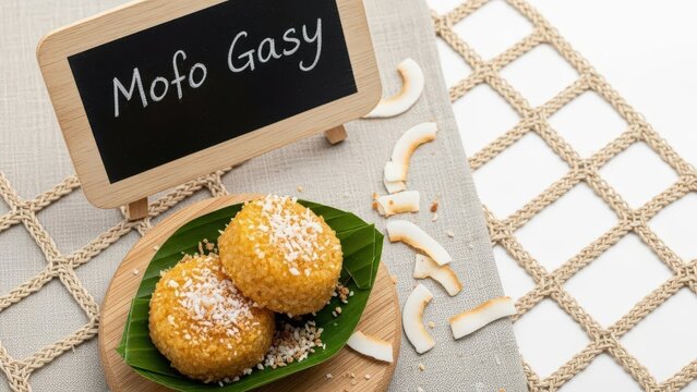 Traditional Malagasy Mofo Gasy Sweet Rice Cakes with Chalkboard Sign on Raw Oak and Banana Leaf