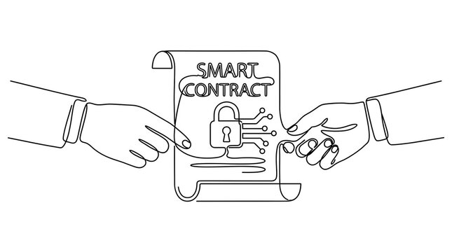 Hands Exchanging Digital Smart Contract Document with Lock Icon