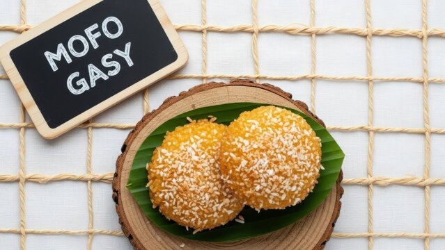 Traditional Malagasy Mofo Gasy Sweet Rice Cakes with Chalkboard Sign on Raw Oak and Banana Leaf