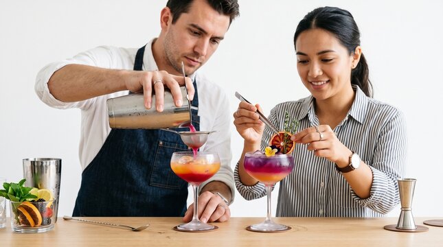 Bartender pouring colorful cocktail while colleague garnishes another drink with fruit and herbs