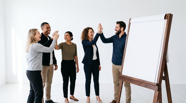 Diverse business team celebrating success with high fives in a modern office space near a whiteboard
