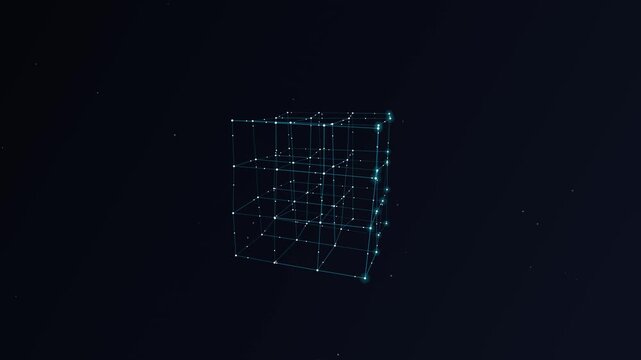 Glowing blue wireframe cube rotating with glowing data nodes in space