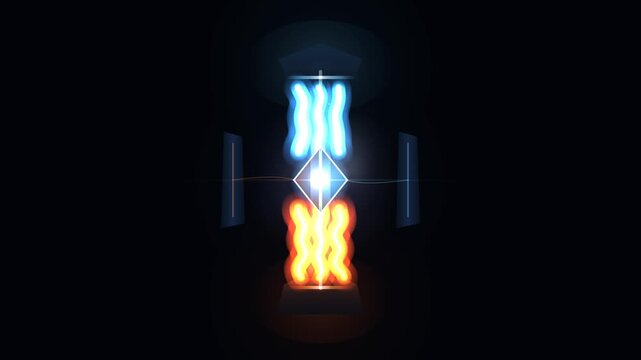 Futuristic vertical elemental reactor with rising fire plasma, descending ice energy, floating crystal prism, steam fusion burst and seamless sci-fi motion.