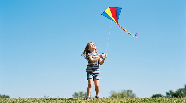 Joyful young girl flying a colorful kite on a sunny day in a grassy field under a clear blue sky