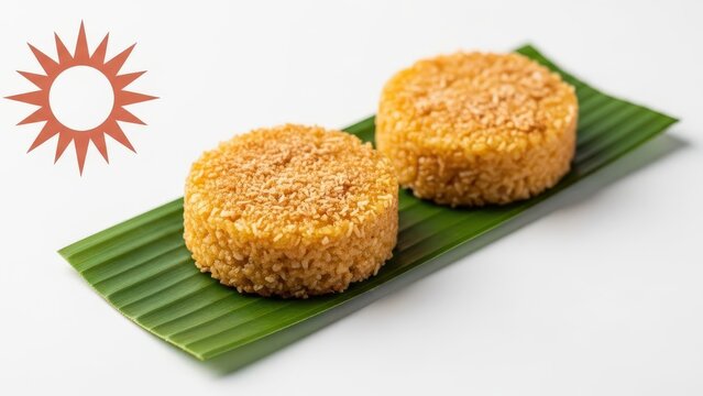 Traditional Malagasy Mofo Gasy Sweet Rice Cakes on Banana Leaf with Terracotta Sun Symbol and Copy Space
