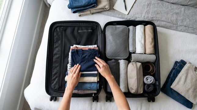 Hands packing suitcase with travel accessories