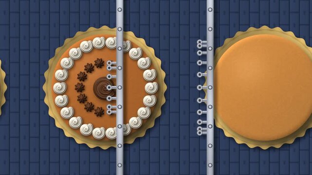 Top view of a cake decorating conveyor line where fixed piping nozzles pipe cream rosettes onto round cakes, seamless loop in rich caramel tones