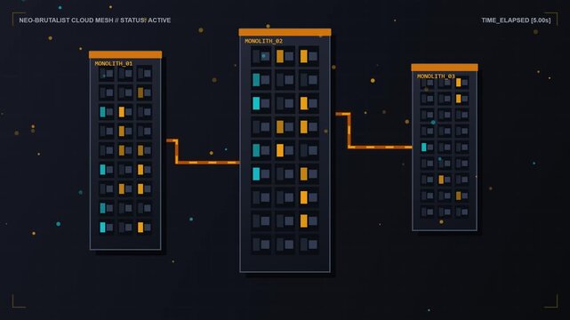 Abstract server rack towers networking data transfer animation in dark interface