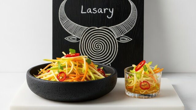 Traditional Malagasy Lasary Green Mango Relish in Stoneware with Chalkboard Sign on White Stone