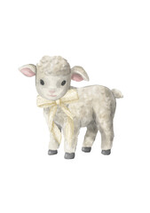 Cute lamb wearing a flower crown and white ribbon stands with soft fur in a handmade Scandinavian style © Олена Пляка
