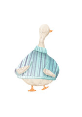 Hand-drawn illustration of a goose wearing a blue sweater in a cottagecore style © Олена Пляка