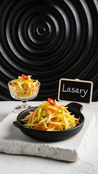 Traditional Malagasy Lasary Green Mango Relish in Stoneware with Chalkboard Sign on White Stone