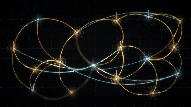 Global currency flow network with glowing value streams arcing between financial hubs seamless loop in bright navy tones