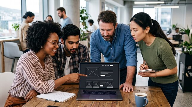 Diverse team collaborating on a website wireframe design on a laptop in a modern office setting