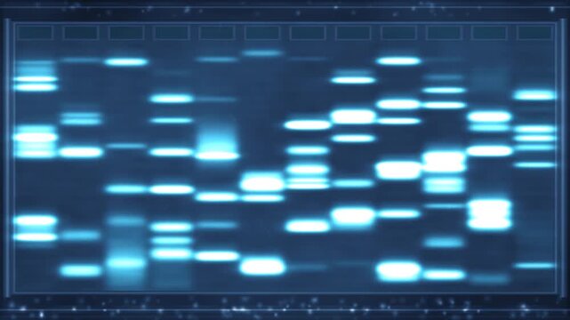 Gel electrophoresis lanes with DNA bands migrating and separating by size under blue transillumination in soft uv tones