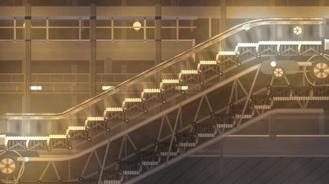 Escalator truss cutaway showing step chain, comb plate transition and returning steps on the underside loop in rich steel tones
