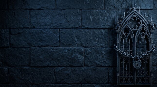 Dark gothic banner with miniature forged iron gate locked with chains on right border, slate stone backdrop with copy space