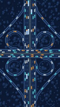 Top-down view of a cloverleaf highway interchange with cars flowing on lanes and loop ramps, merging and exiting, seamless loop in deep blue tones vertical 9:16
