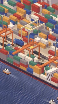 Isometric container terminal seamless loop, gantry cranes unloading cargo ship onto queued trucks, port logistics flat illustration in rich amber tones vertical 9:16