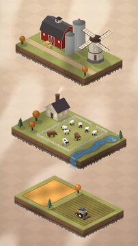 Isometric farm village diorama with red barn, silos, spinning windmill, tractor plowing field, grazing cows and sheep, flowing stream, seamless loop in subtle green tones vertical 9:16