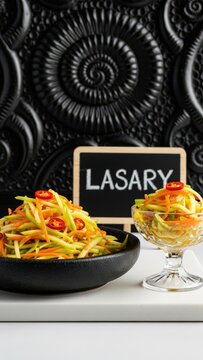 Traditional Malagasy Lasary Green Mango Relish in Stoneware with Chalkboard Sign on White Stone