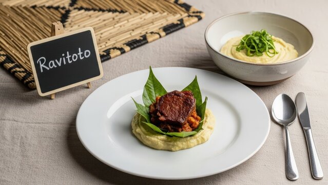 Gourmet Malagasy Ravitoto Cassava Leaf Puree with Confit Zebu Cheek and Chalkboard Sign