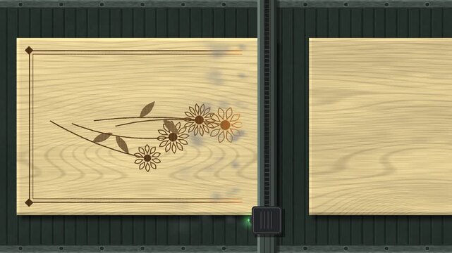 Laser engraver burning geometric and botanical line art into wooden planks on a conveyor belt, glowing embers and thin smoke, top view seamless loop in bright yellow tones