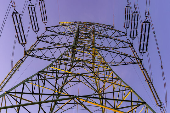Electricity transmission system with steel tower framework.