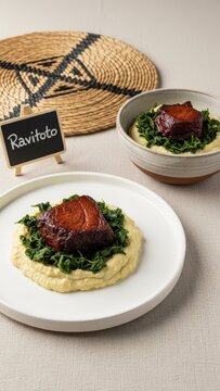 Gourmet Malagasy Ravitoto Cassava Leaf Puree with Confit Zebu Cheek and Chalkboard Sign