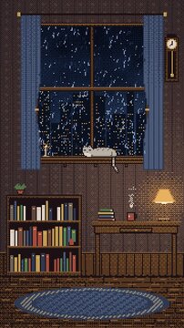 Pixel art cozy room on a rainy night, sleeping cat on windowsill, desk lamp and steaming coffee mug, seamless loop in deep brown tones vertical 9:16