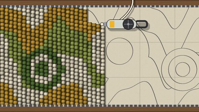 Tufting gun punching yarn loops into a canvas frame, a bold patterned rug forming row by row and flowing away, seamless loop in rich green tones